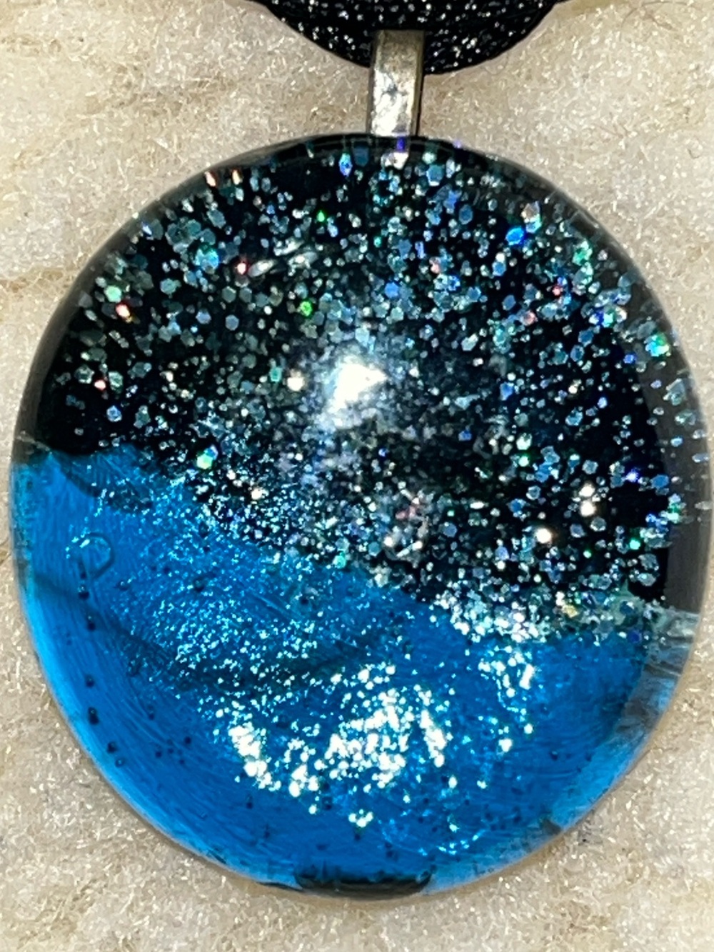 Handmade Reversible Marble Glass Blue Glitter Pendant Necklace 21”
